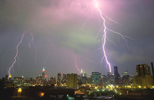 Greg Geffner, Lightning Flash Striking Dag Hammarskjold Plaza. Aug. 2, 2002. 8:45 PM. 